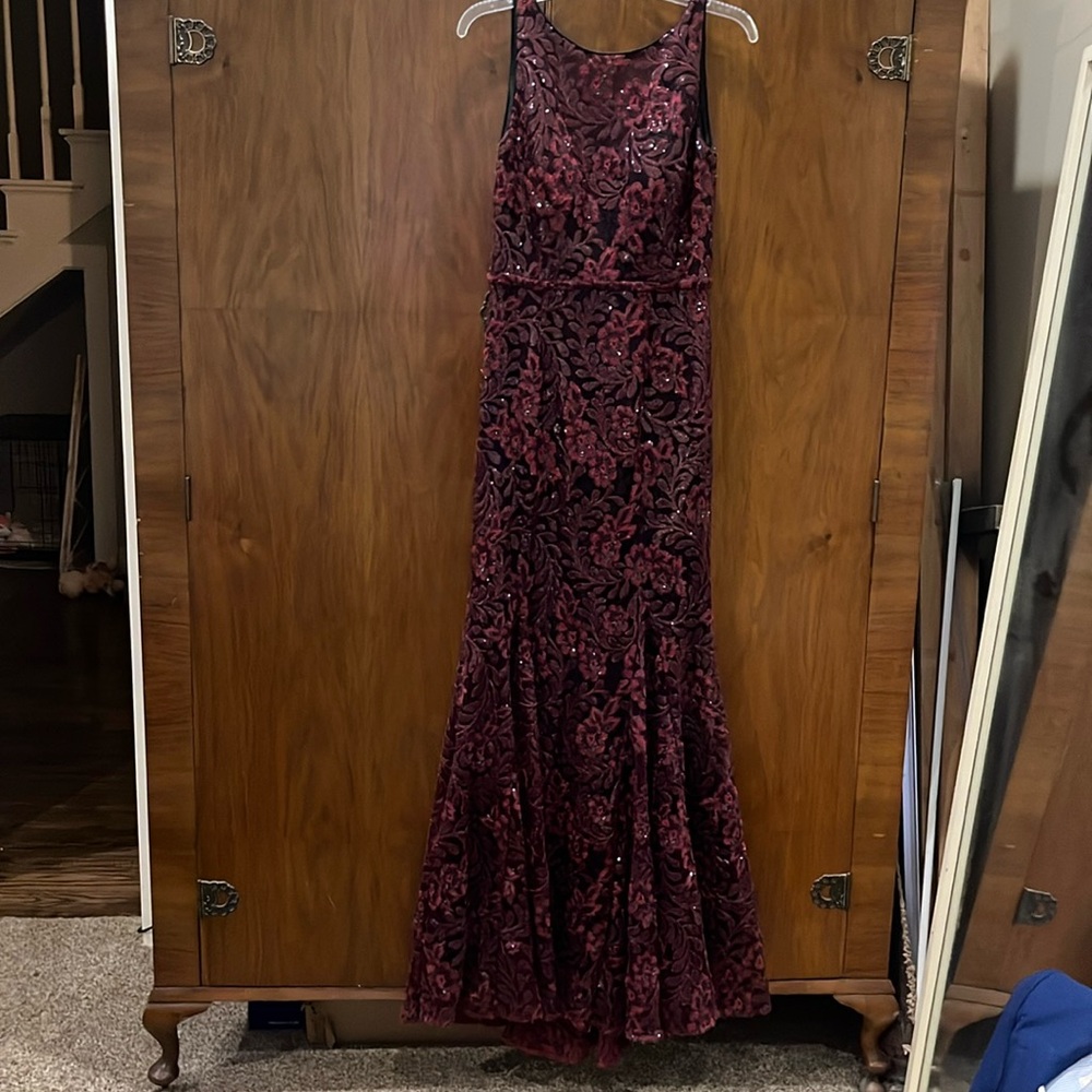 Burgundy, black evening gown